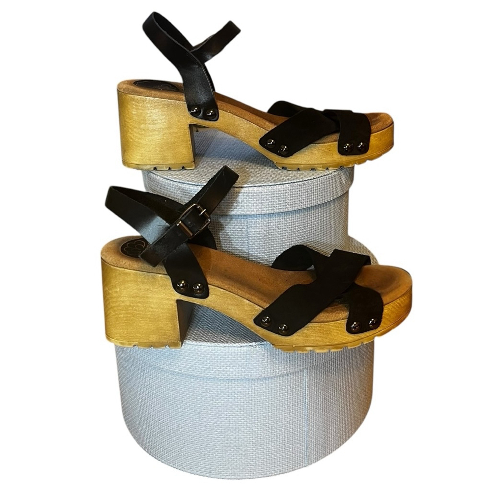 Women's Porronet Mabel Leather Sandals, Black & Wood Platform